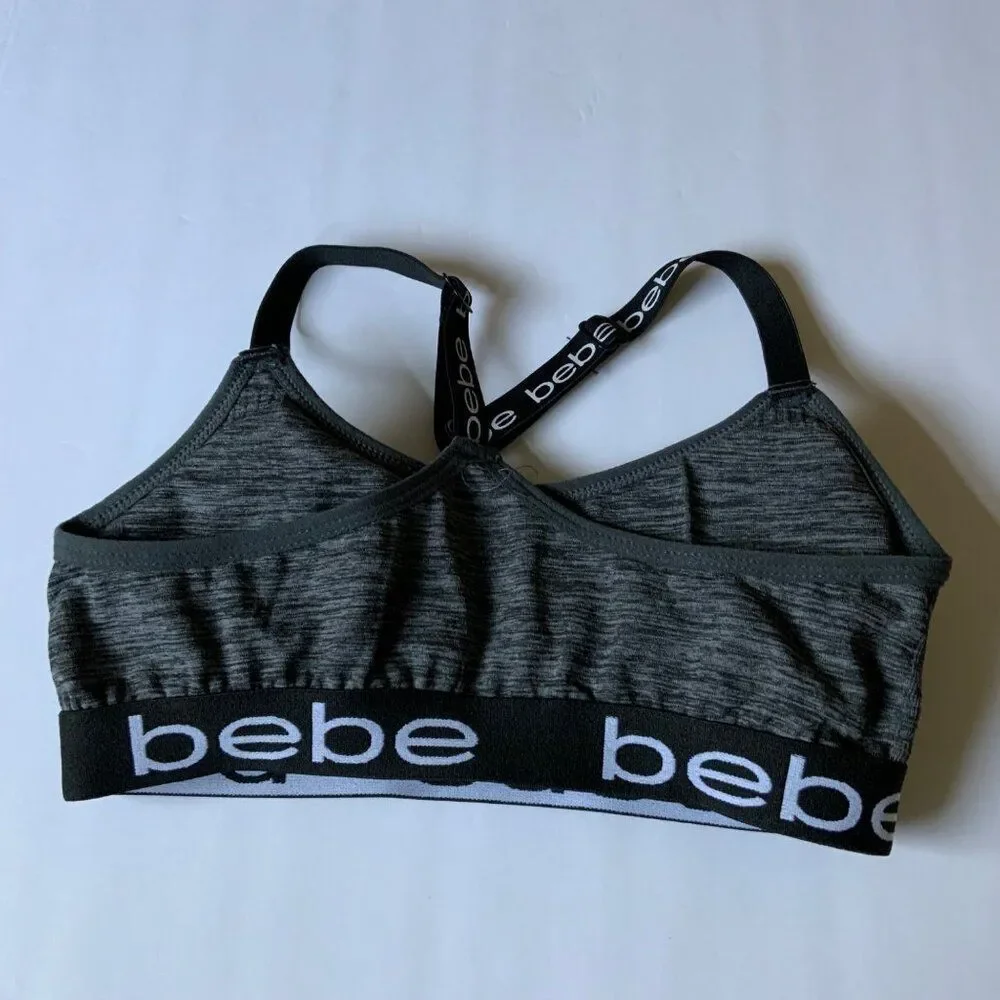 bebe Heathered Grey Black Logo Racerback Sports Bra Size Small